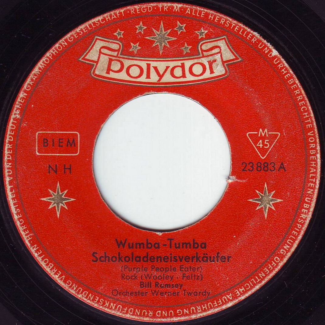 Polydoretiketten till Bill Ramseys ”Wumba-Tumba Schokoladeneisverkäufer”, 1959. Skivetikett, public domain. Polydoretiketten till Bill Ramseys ”Wumba-Tumba Schokoladeneisverkäufer”, 1959.
